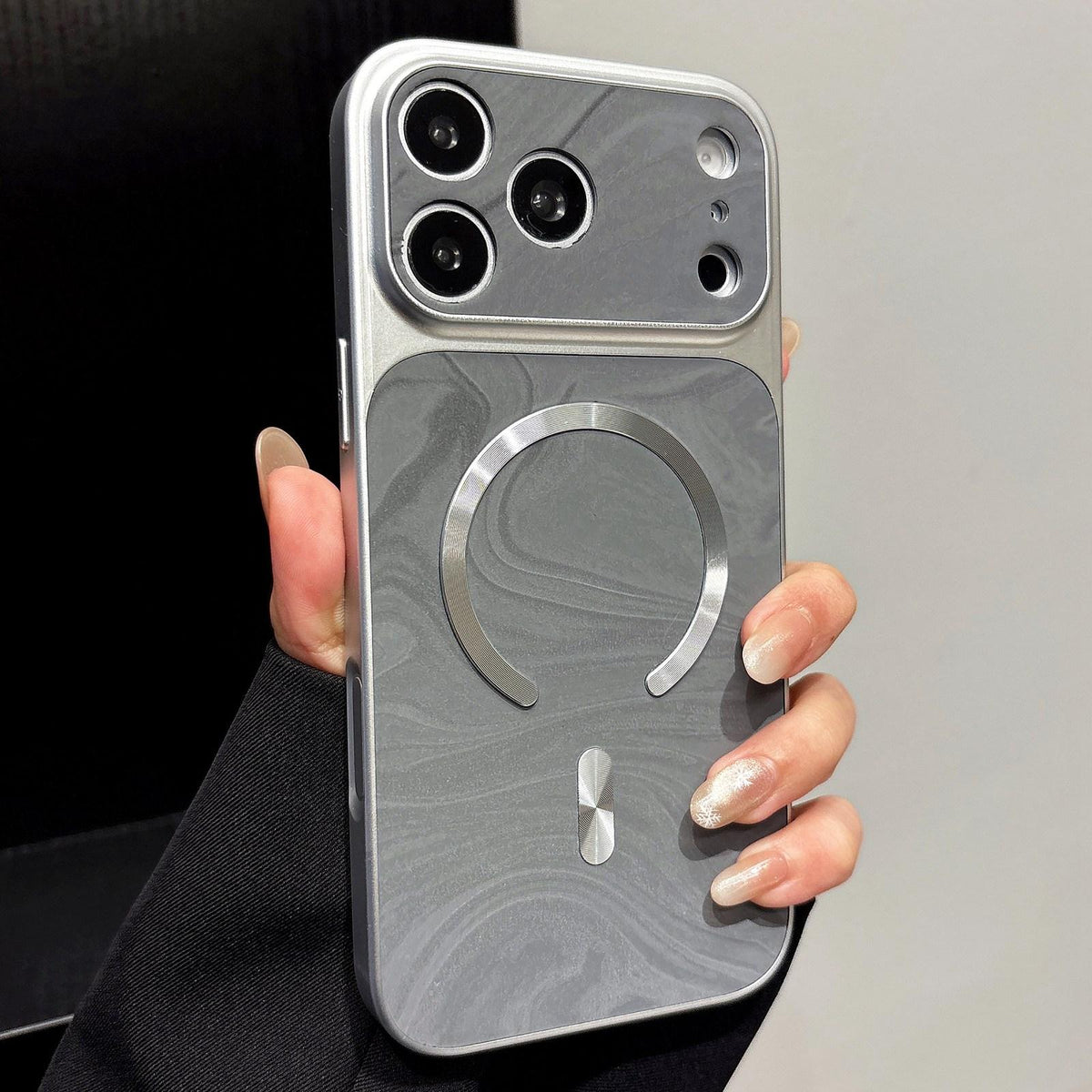 Compatible with iPhone 18 Pro Water Ripple PC Magnetic Vegan Leather Phone Case - Silver