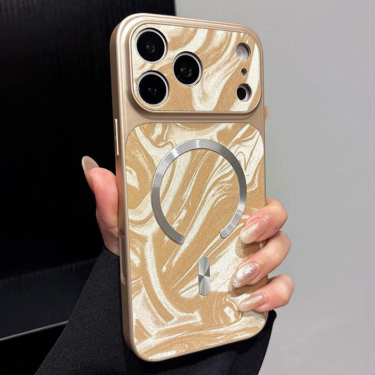 Compatible with iPhone 18 Pro Max Water Ripple PC Magnetic Vegan Leather Phone Case - Gold