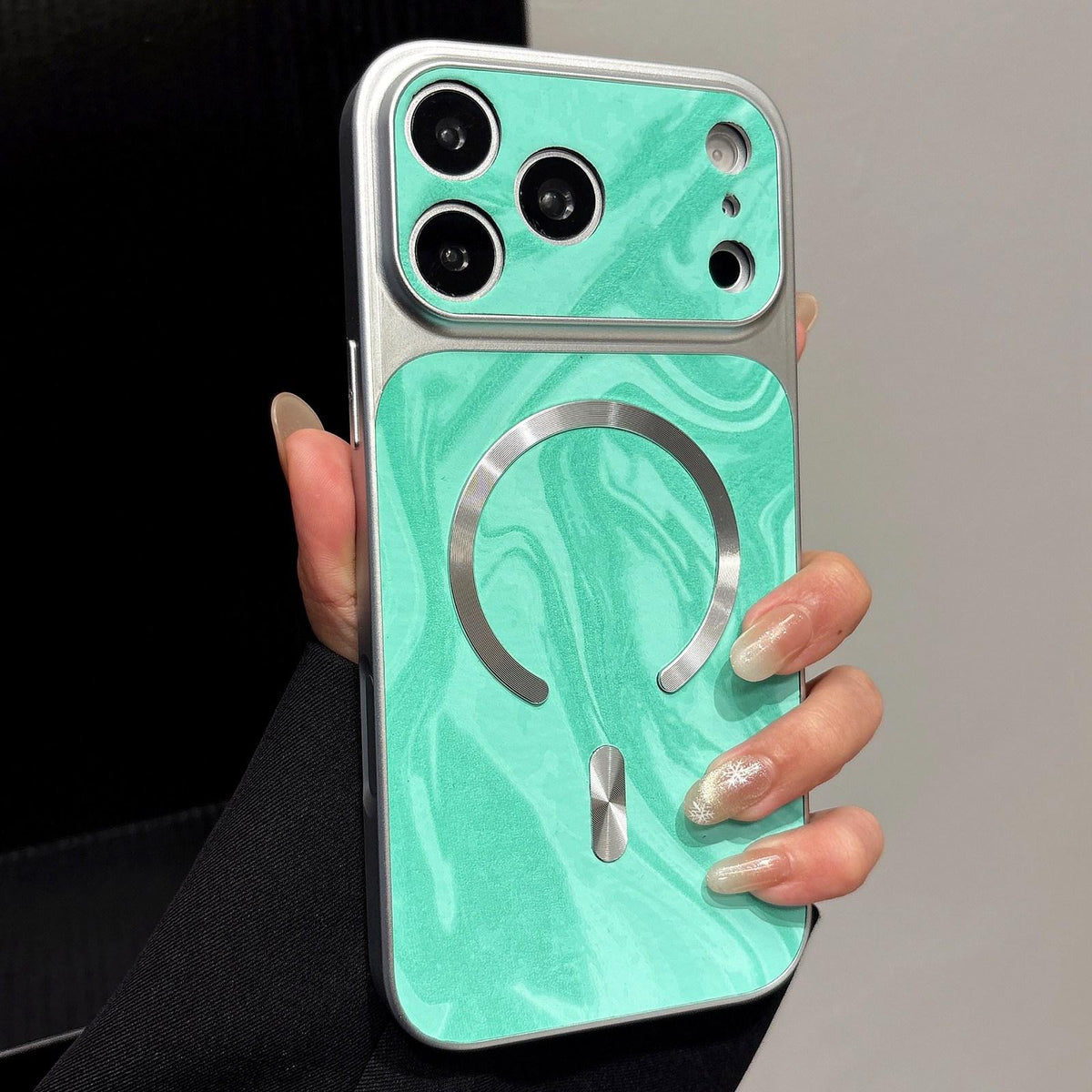 Compatible with iPhone 18 Pro Max Water Ripple PC Magnetic Vegan Leather Phone Case - Cyan