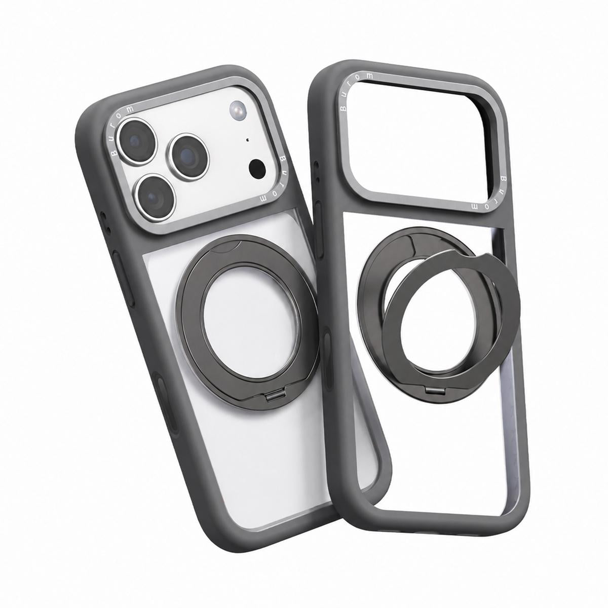 Compatible with iPhone 18 Pro Max Liquid Silicone Frame Dual-Layer Clear Back Panel Rotatable Magnetic Holder Phone Case - Grey