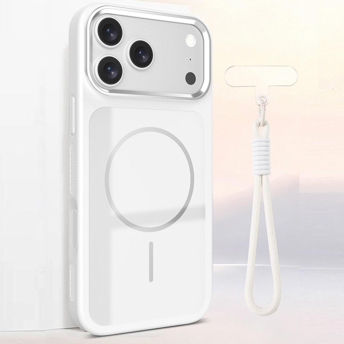 Compatible with iPhone 18 Pro Max Color Contrast Magnetic Phone Case with Wrist Strap - White