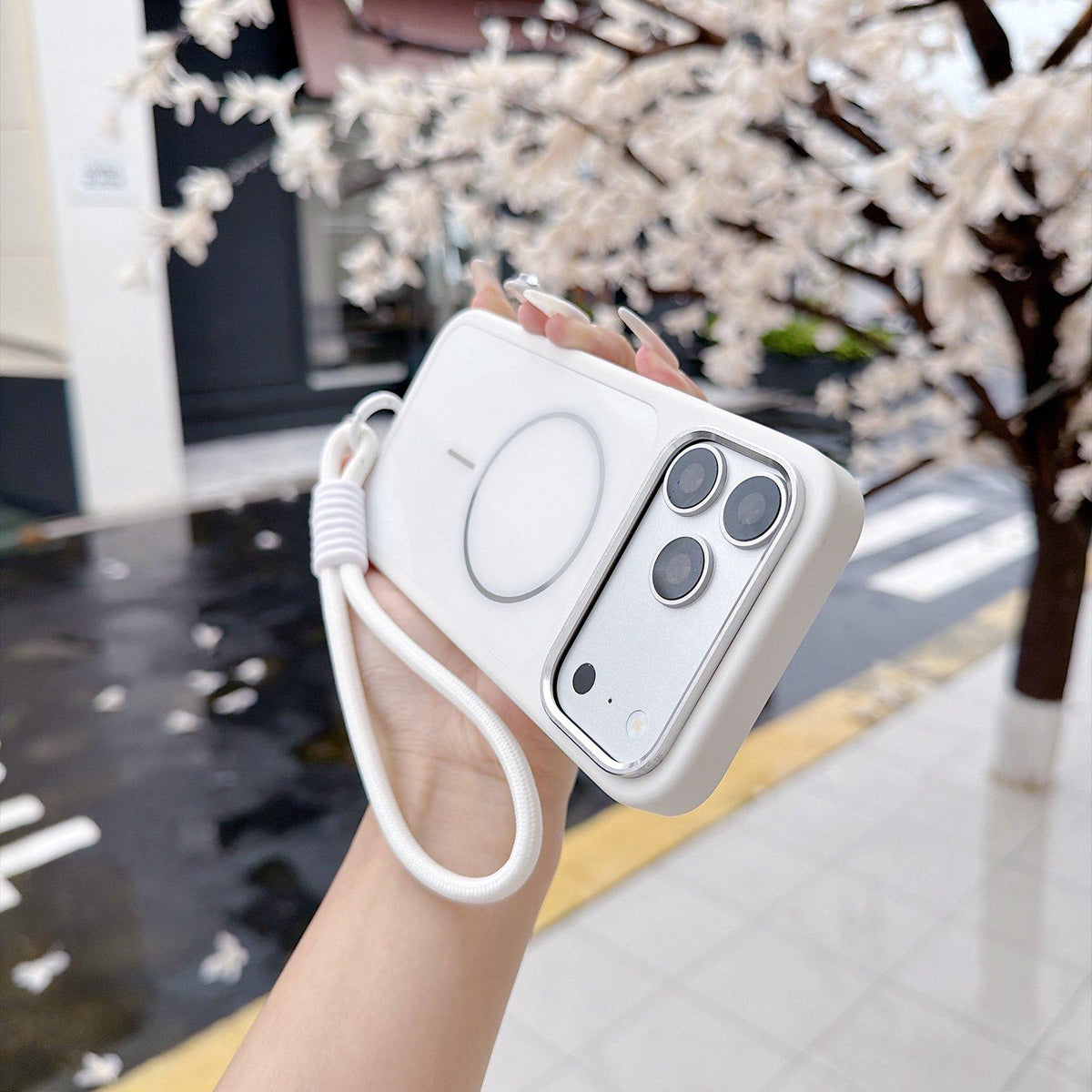 Compatible with iPhone 18 Pro Max Color Contrast Magnetic Phone Case with Wrist Strap - White