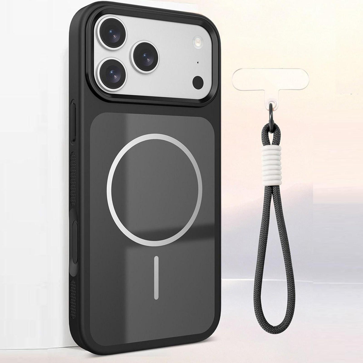 Compatible with iPhone 18 Pro Max Color Contrast Magnetic Phone Case with Wrist Strap - Black