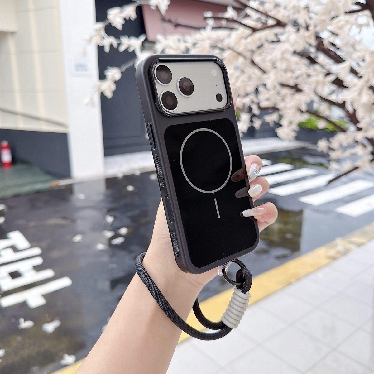 Compatible with iPhone 18 Pro Max Color Contrast Magnetic Phone Case with Wrist Strap - Black