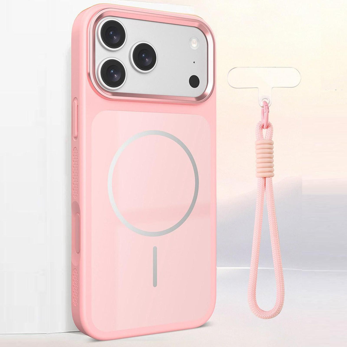 Compatible with iPhone 18 Pro Max Color Contrast Magnetic Phone Case with Wrist Strap - Pink