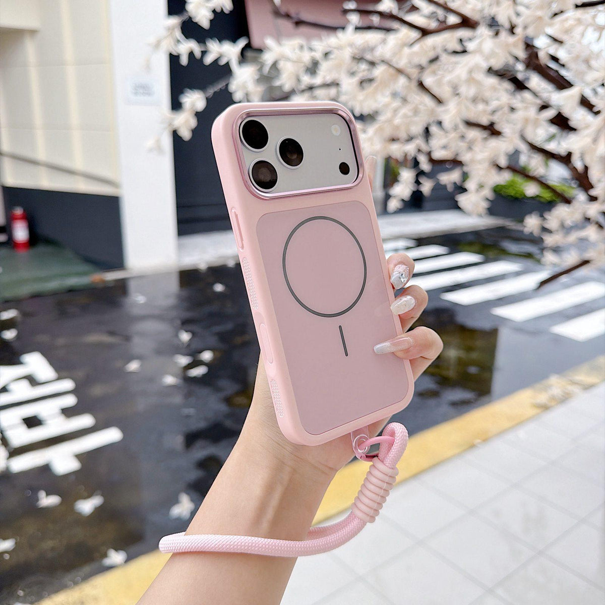 Compatible with iPhone 18 Pro Max Color Contrast Magnetic Phone Case with Wrist Strap - Pink
