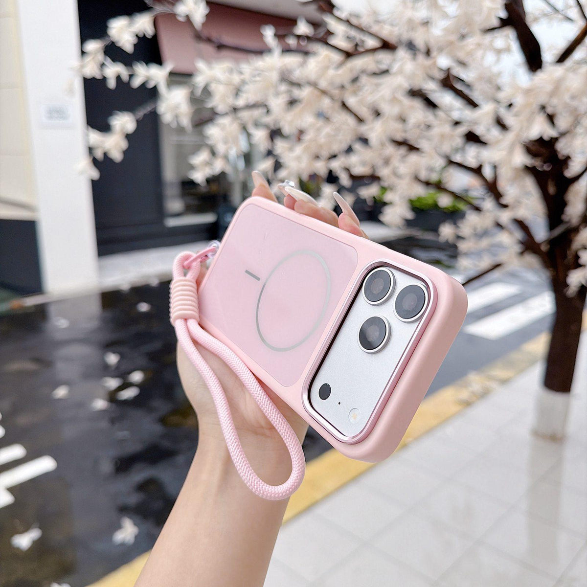 Compatible with iPhone 18 Pro Max Color Contrast Magnetic Phone Case with Wrist Strap - Pink