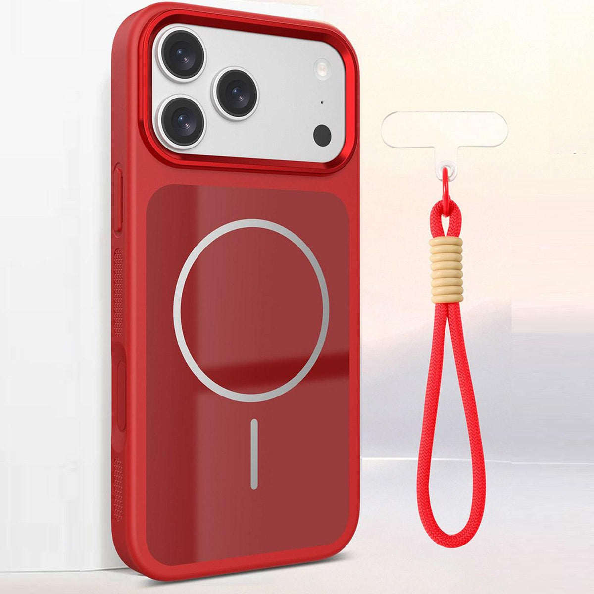 Compatible with iPhone 18 Pro Max Color Contrast Magnetic Phone Case with Wrist Strap - Red