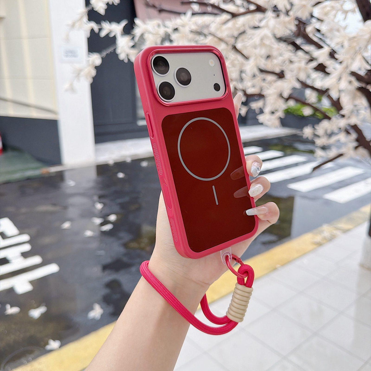 Compatible with iPhone 18 Pro Max Color Contrast Magnetic Phone Case with Wrist Strap - Red