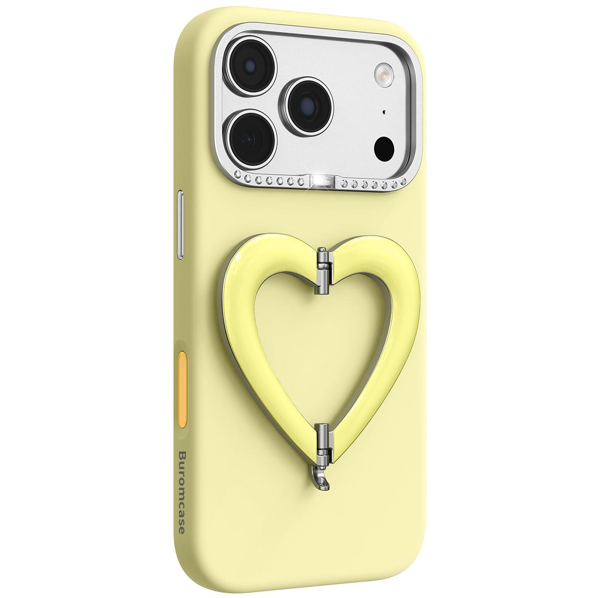 Compatible with iPhone 18 Pro Liquid Silicone Metal Heart-Shaped Kickstand Phone Case - Yellow
