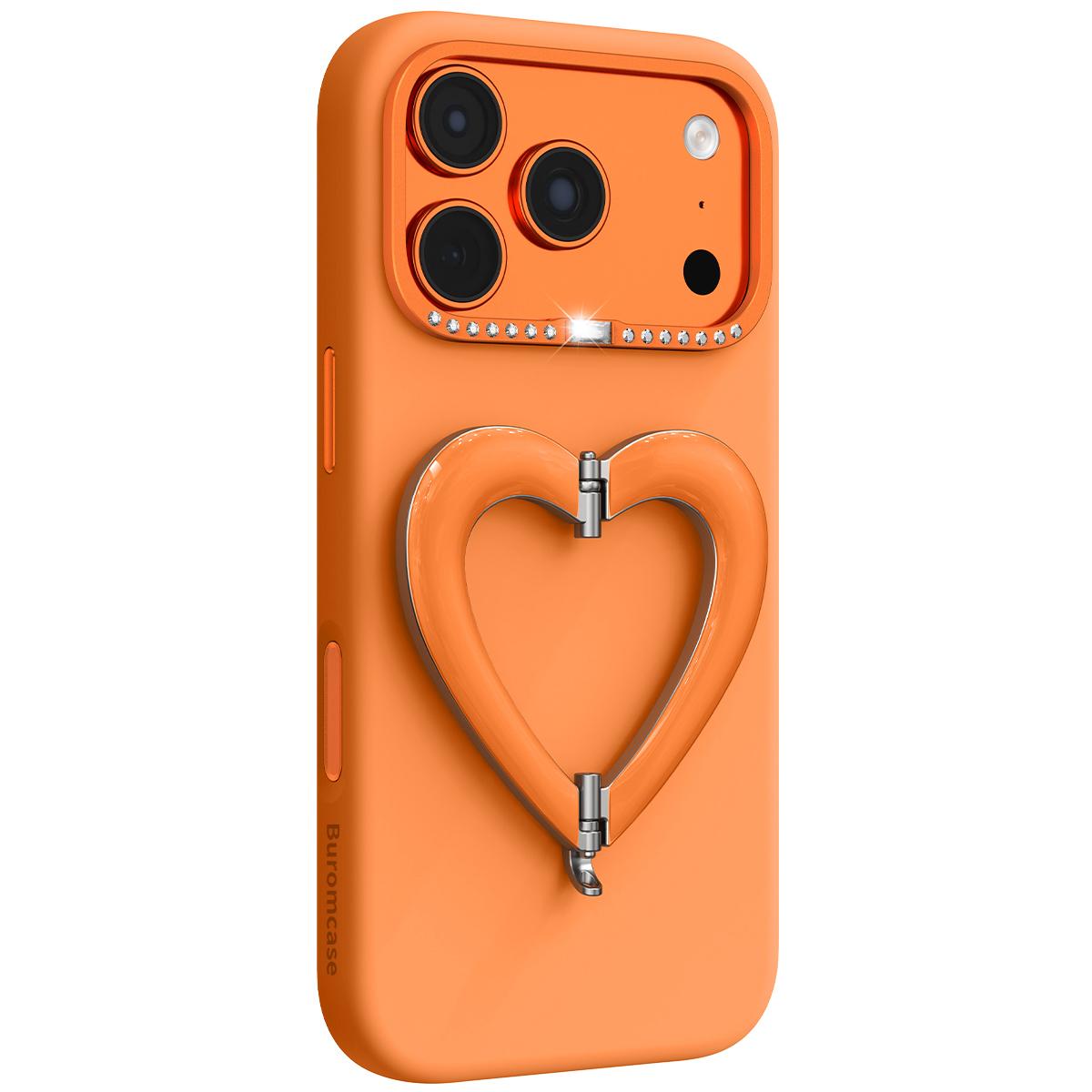 Compatible with iPhone 18 Pro Max Liquid Silicone Metal Heart-Shaped Kickstand Phone Case - Orange