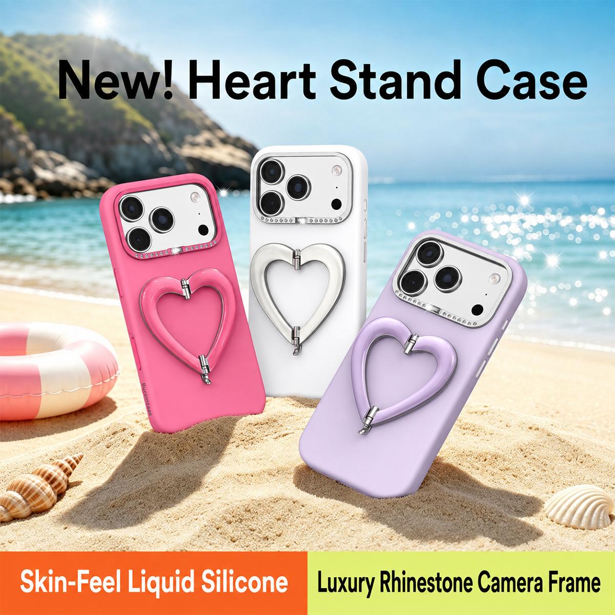 Compatible with iPhone 18 Pro Max Liquid Silicone Metal Heart-Shaped Kickstand Phone Case - Pink