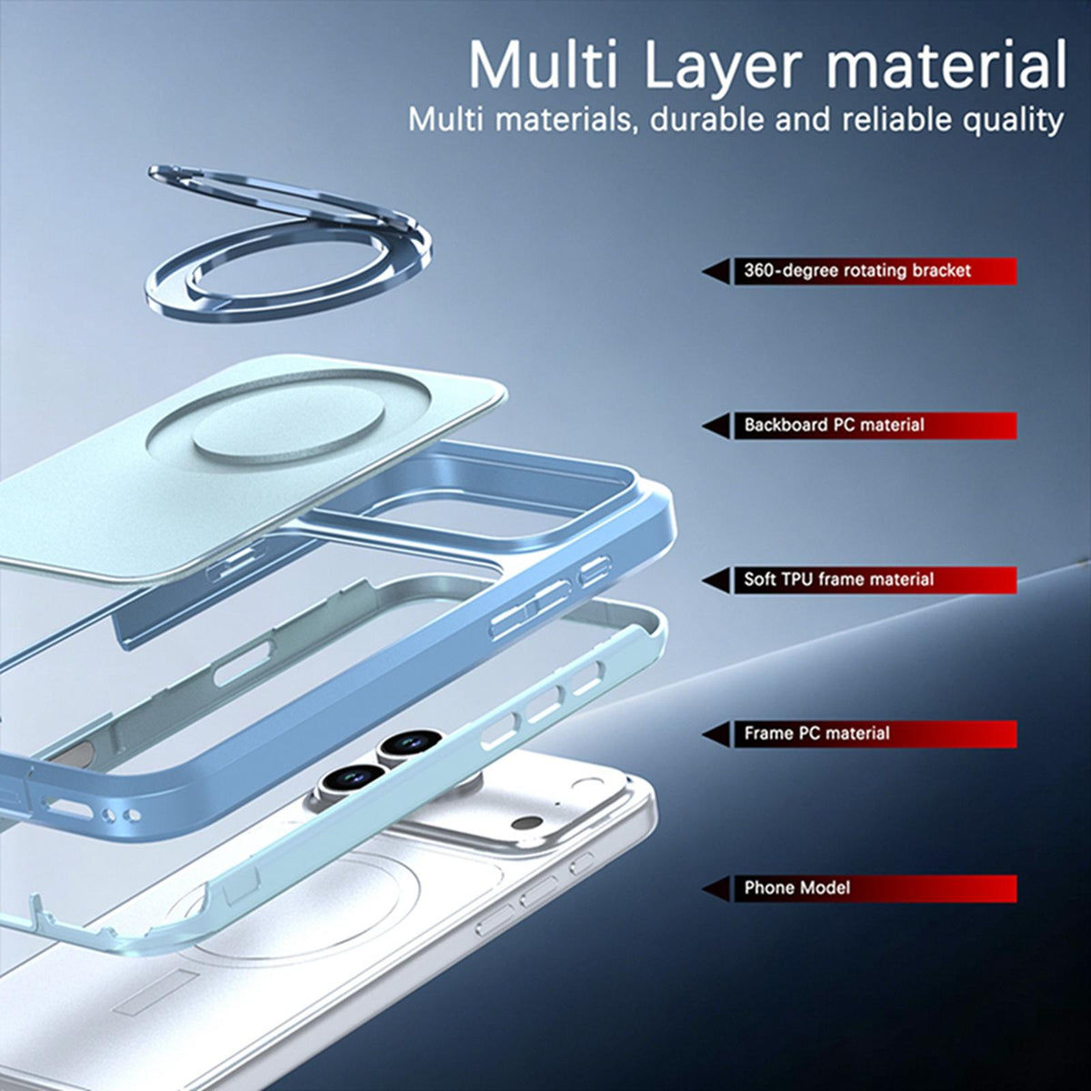 Compatible with iPhone 18 Pro Max Silicone Magnetic Anti-drop Protective Phone Case with 360 Rotating Holder - Ice Blue