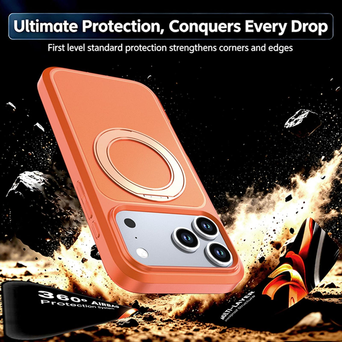 Compatible with iPhone 18 Pro Max Silicone Magnetic Anti-drop Protective Phone Case with 360 Rotating Holder - Orange