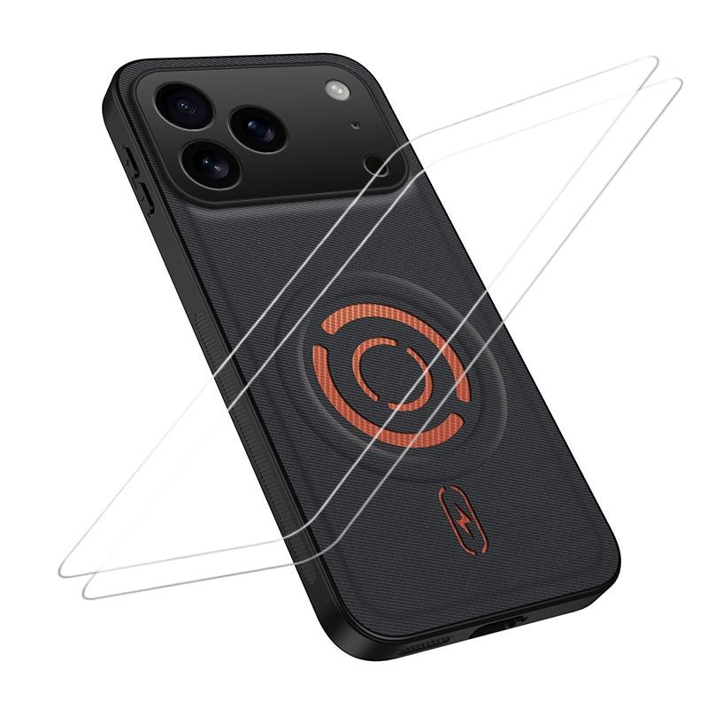 Compatible with iPhone 18 Pro Max WANLONFENG Tech Fabric Texture Magnetic Phone Case with 2pcs Screen Films - Black