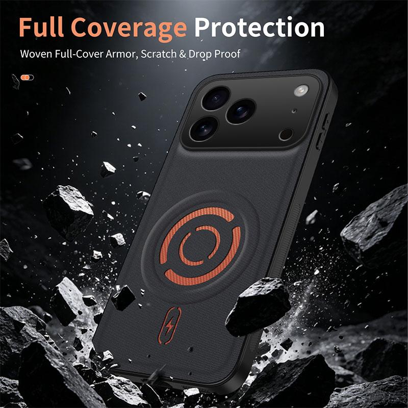 Compatible with iPhone 18 Pro Max WANLONFENG Tech Fabric Texture Magnetic Phone Case with 2pcs Screen Films - Coffee