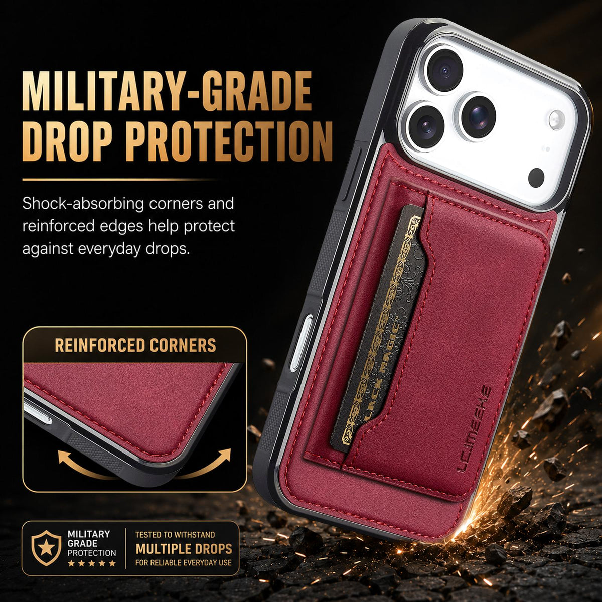 Compatible with iPhone 18 Pro Max & 17 Pro Max LC.IMEEKE L7 Series RFID Card Bag Magnetic Phone Case - Red