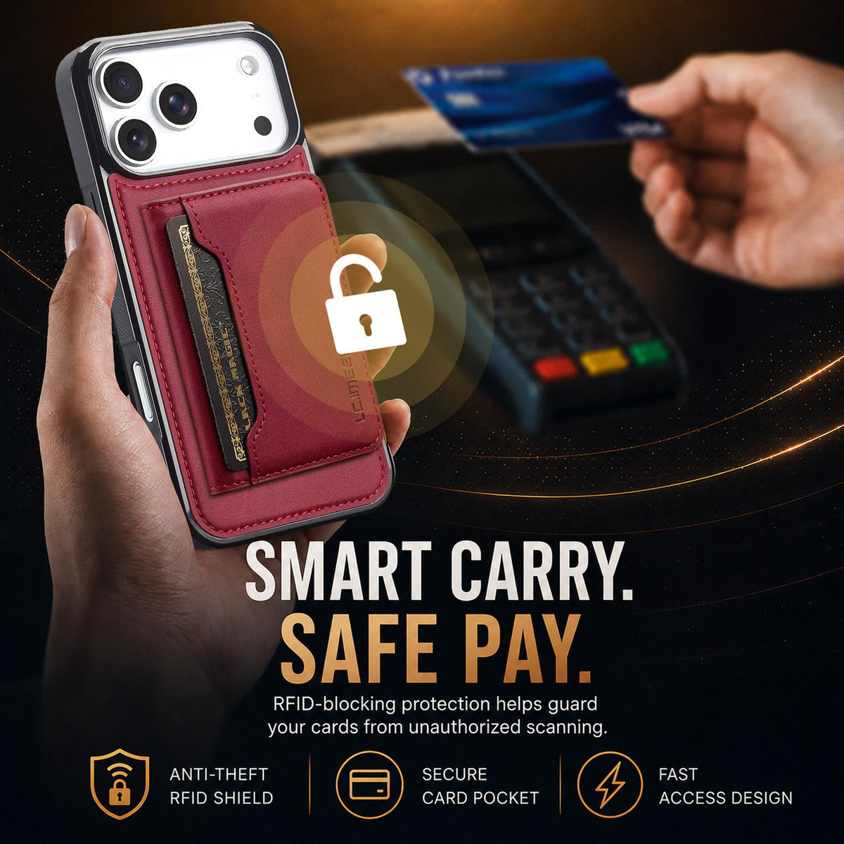 Compatible with iPhone 18 Pro Max & 17 Pro Max LC.IMEEKE L7 Series RFID Card Bag Magnetic Phone Case - Red