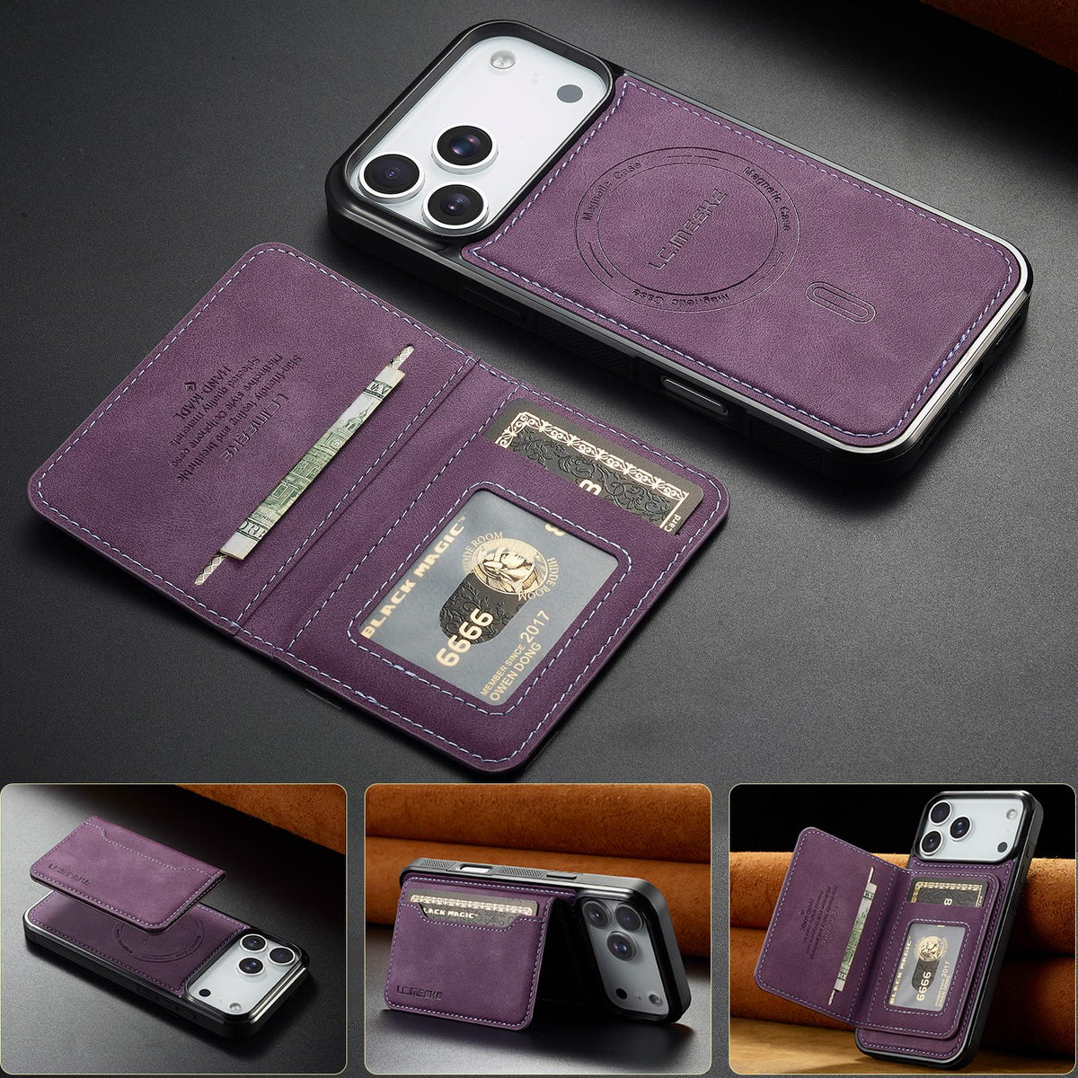 Compatible with iPhone 18 Pro Max & 17 Pro Max LC.IMEEKE L7 Series RFID Card Bag Magnetic Phone Case - Purple