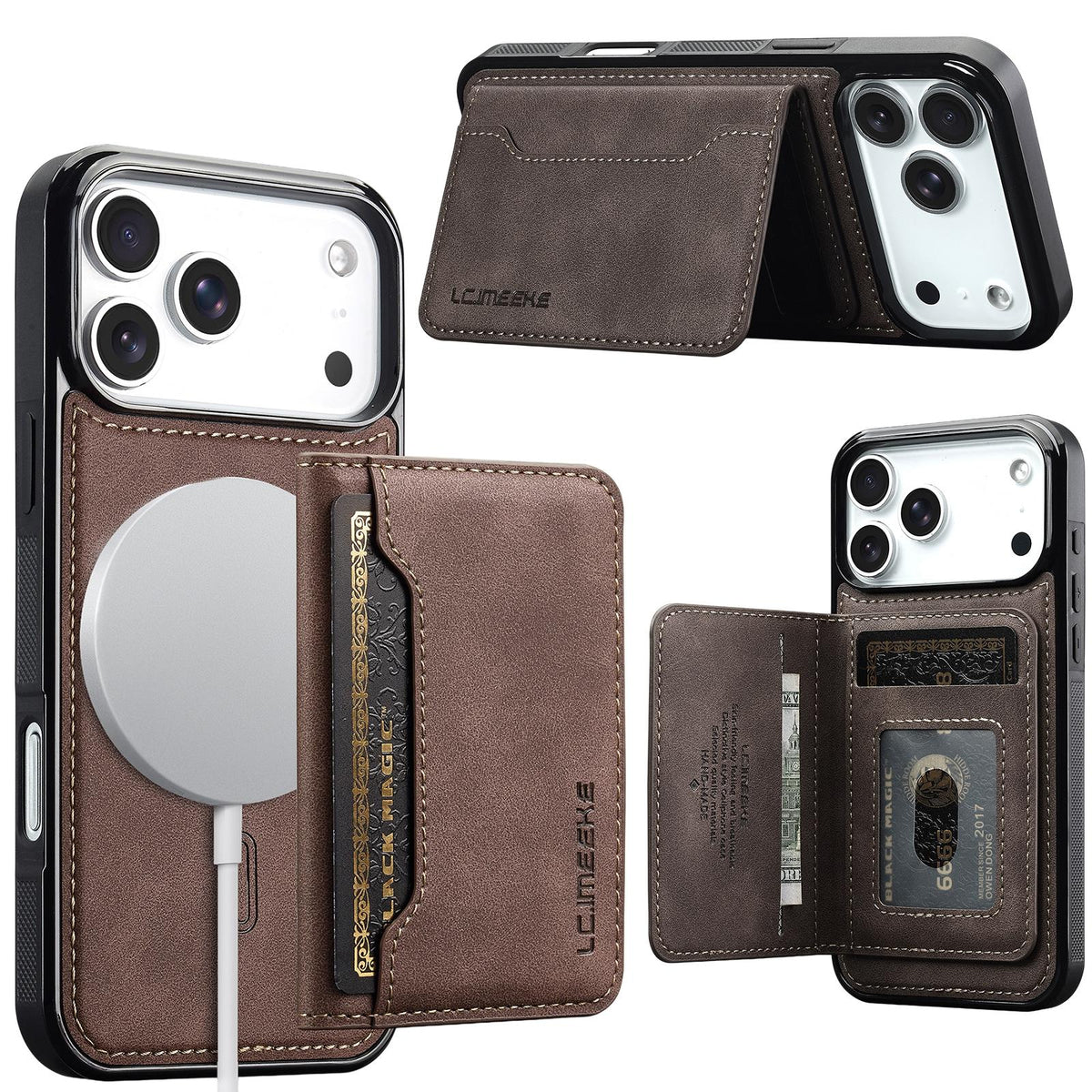 Compatible with iPhone 18 Pro & 17 Pro LC.IMEEKE L7 Series RFID Card Bag Magnetic Phone Case - Coffee