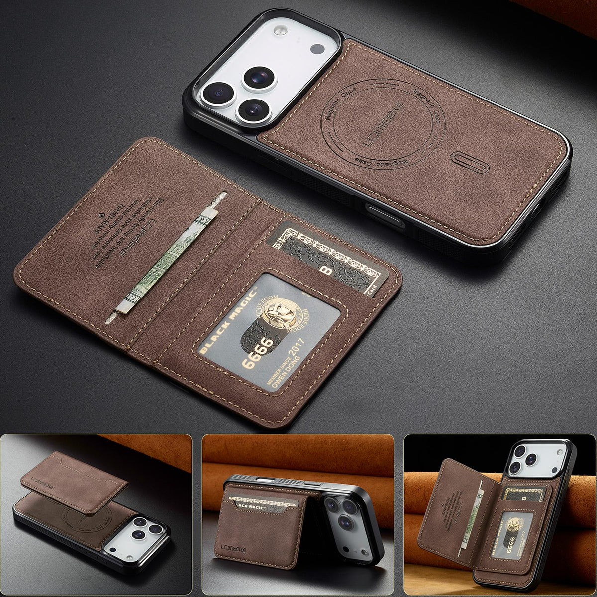 Compatible with iPhone 18 Pro & 17 Pro LC.IMEEKE L7 Series RFID Card Bag Magnetic Phone Case - Coffee