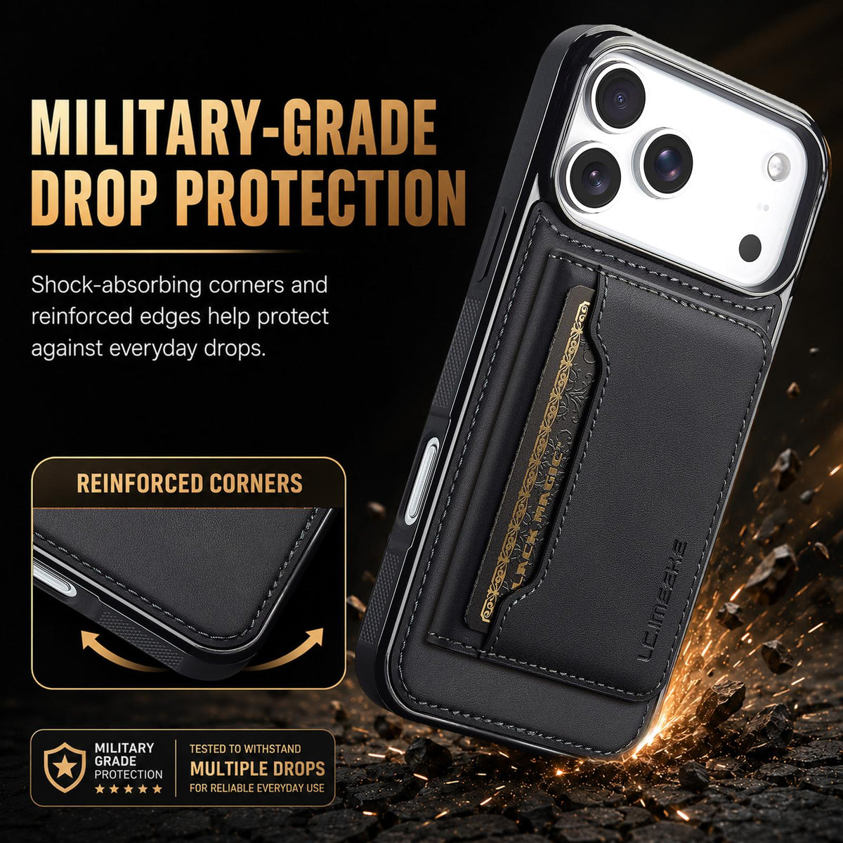 Compatible with iPhone 18 Pro & 17 Pro LC.IMEEKE L7 Series RFID Card Bag Magnetic Phone Case - Black
