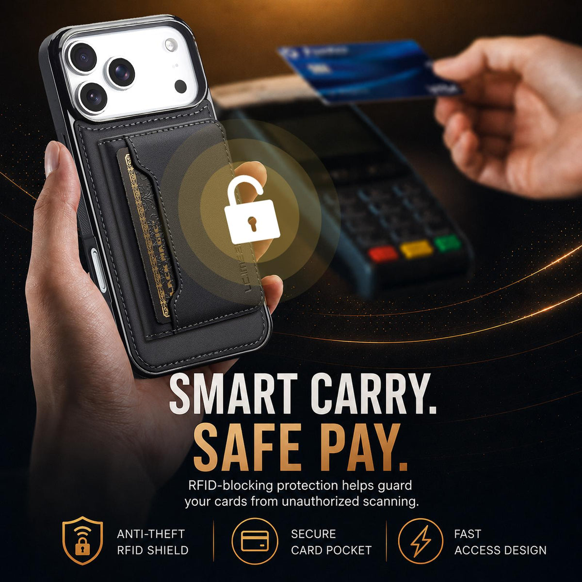 Compatible with iPhone 18 Pro & 17 Pro LC.IMEEKE L7 Series RFID Card Bag Magnetic Phone Case - Black