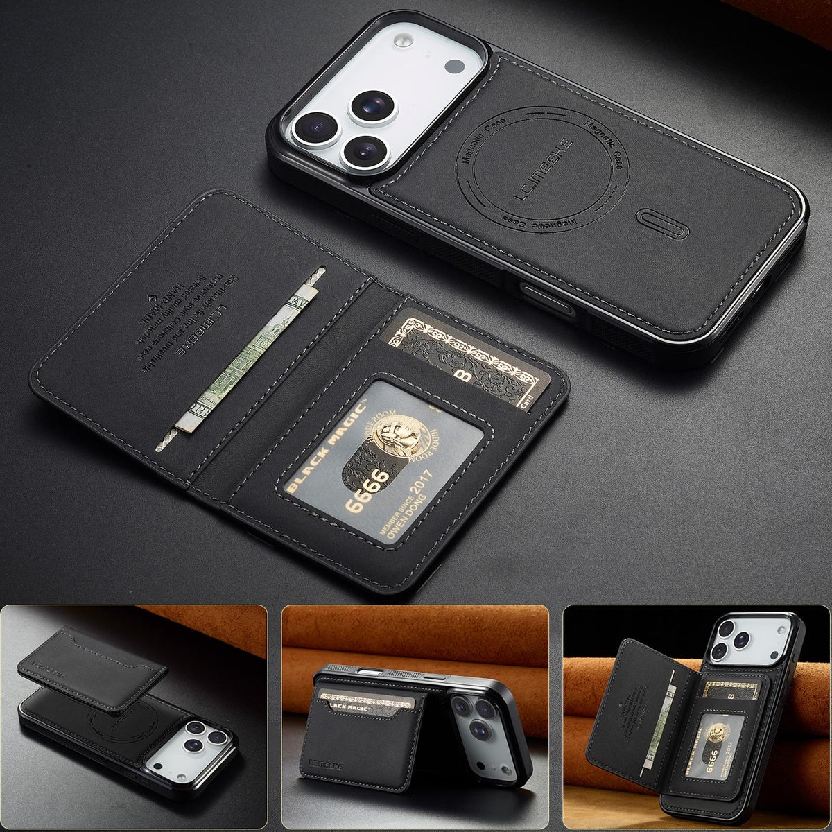Compatible with iPhone 18 Pro & 17 Pro LC.IMEEKE L7 Series RFID Card Bag Magnetic Phone Case - Black