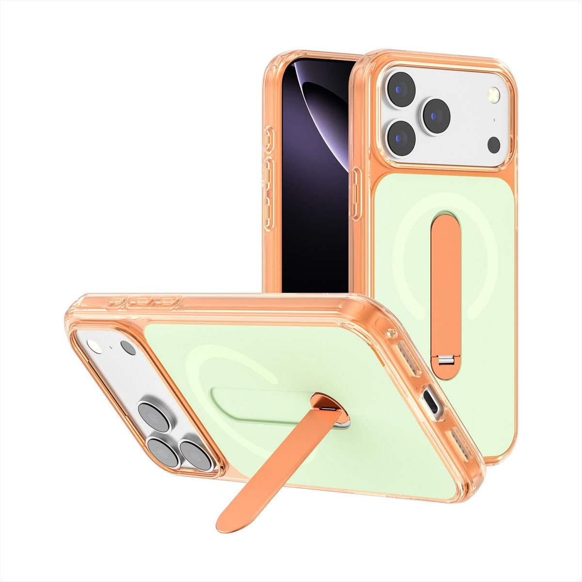 Compatible with iPhone 18 Pro Max Generation Color Block Silicone Magnetic Phone Case with 360 Degrees Holder - Orange