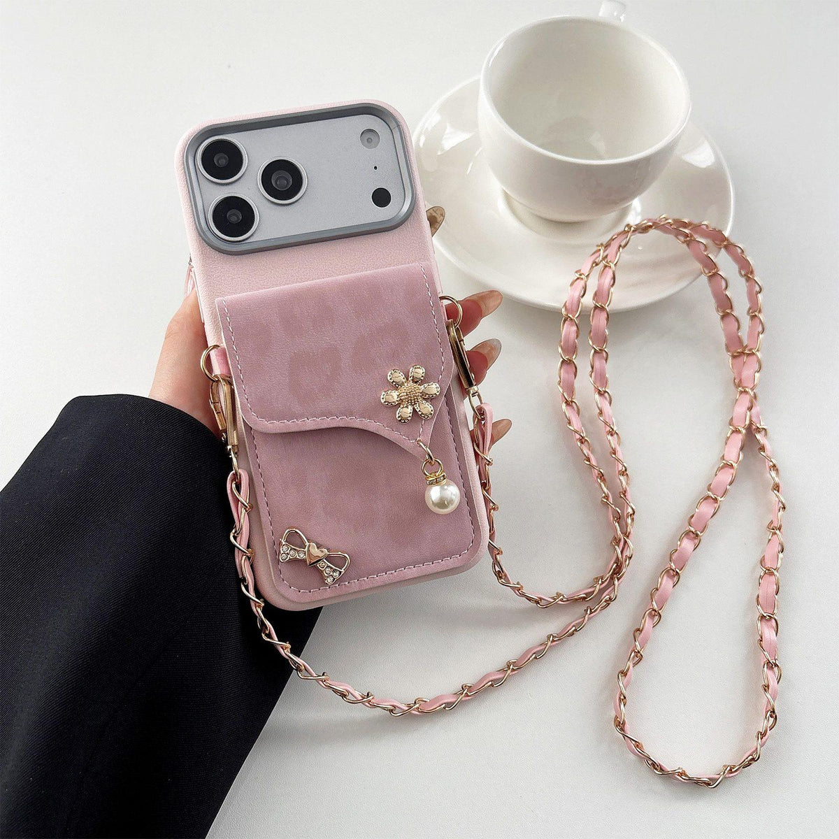 Compatible with iPhone 18 Pro Leather Leopard Print Card Bag Phone Case with Crossbody Chain - Pink