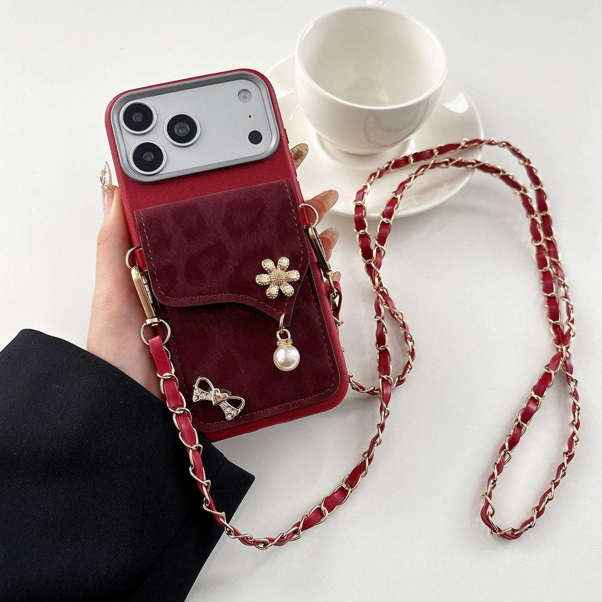 Compatible with iPhone 18 Pro Max Leather Leopard Print Card Bag Phone Case with Crossbody Chain - Red