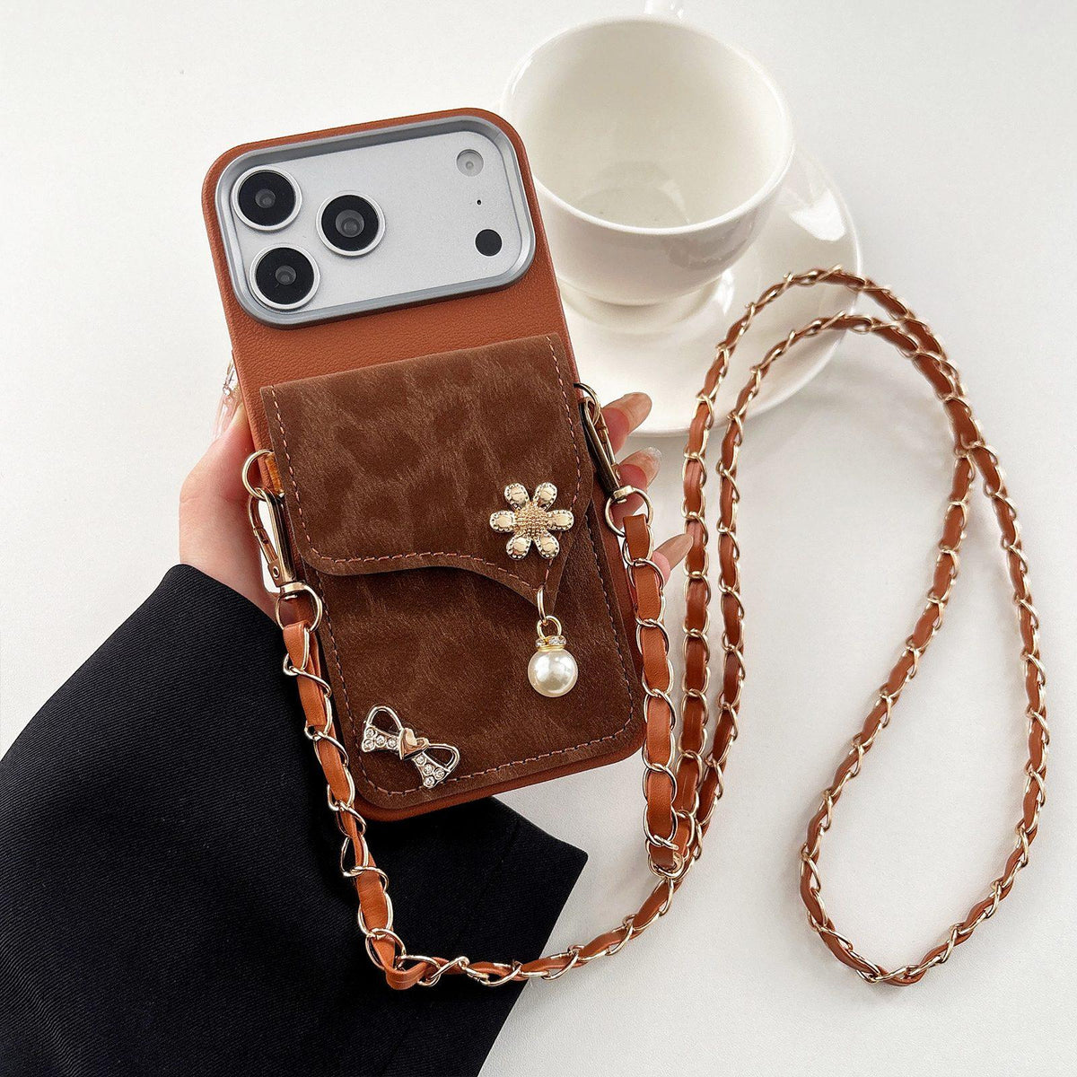 Compatible with iPhone 18 Pro Max Leather Leopard Print Card Bag Phone Case with Crossbody Chain - Brown