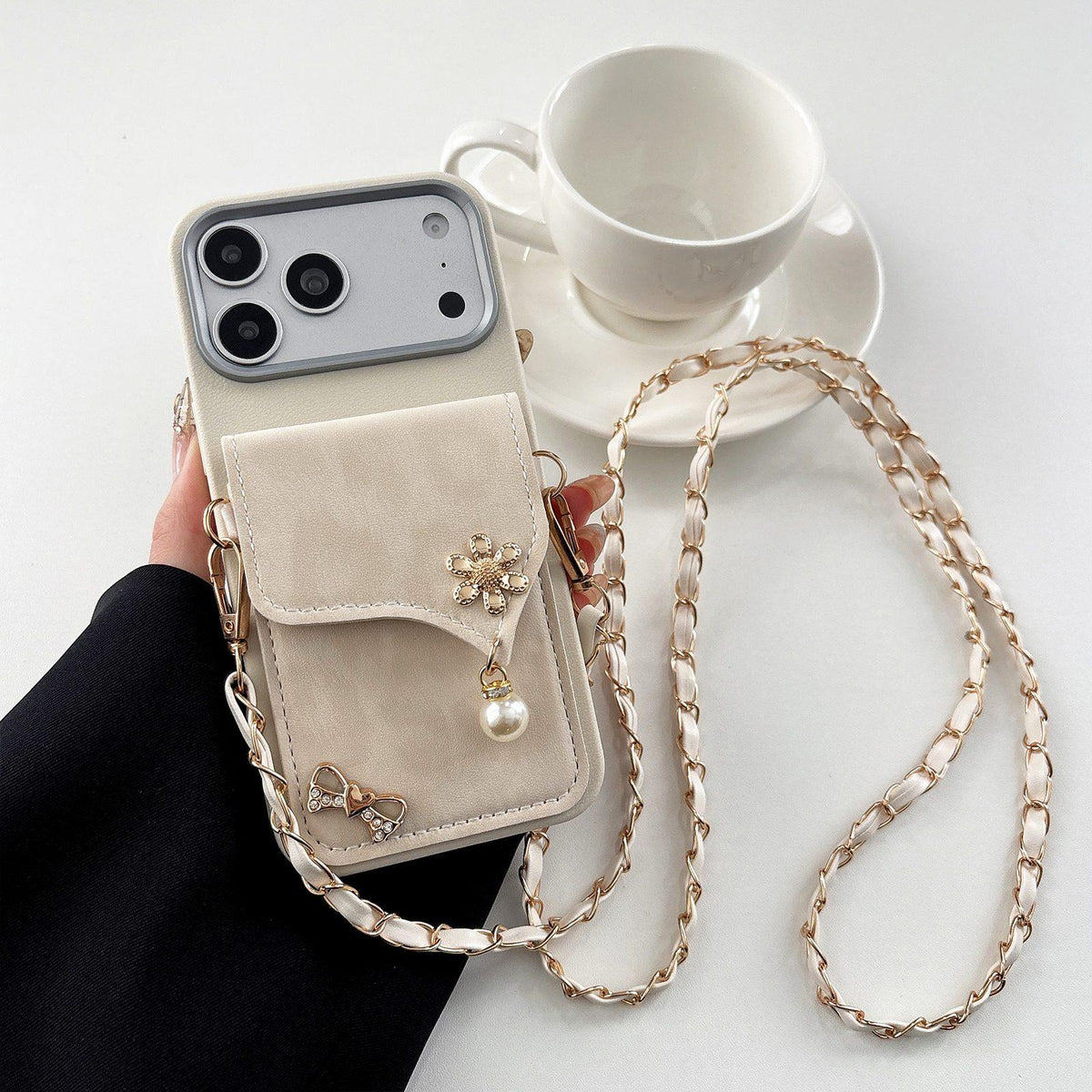 Compatible with iPhone 18 Pro Max Leather Leopard Print Card Bag Phone Case with Crossbody Chain - Apricot