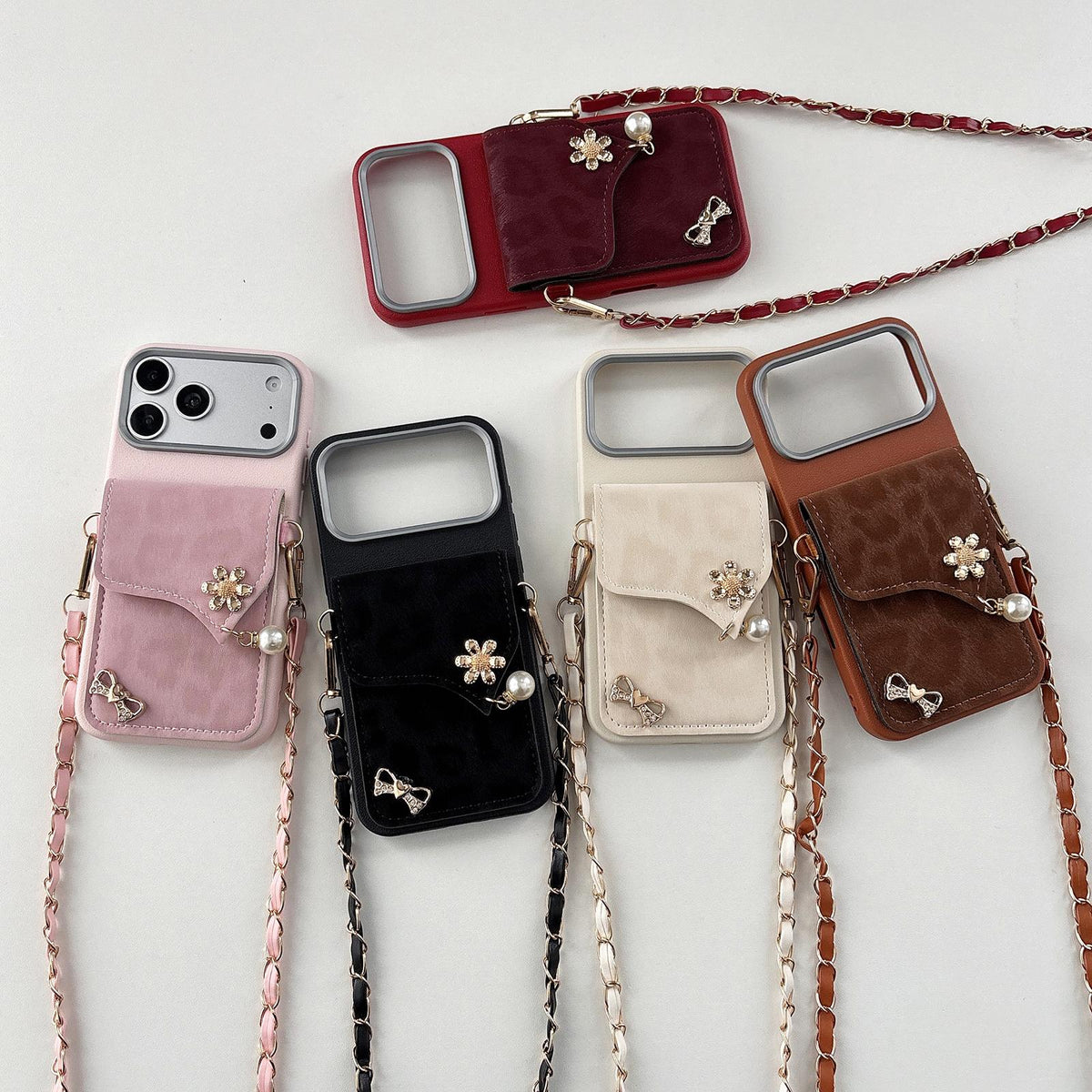 Compatible with iPhone 18 Pro Max Leather Leopard Print Card Bag Phone Case with Crossbody Chain - Brown
