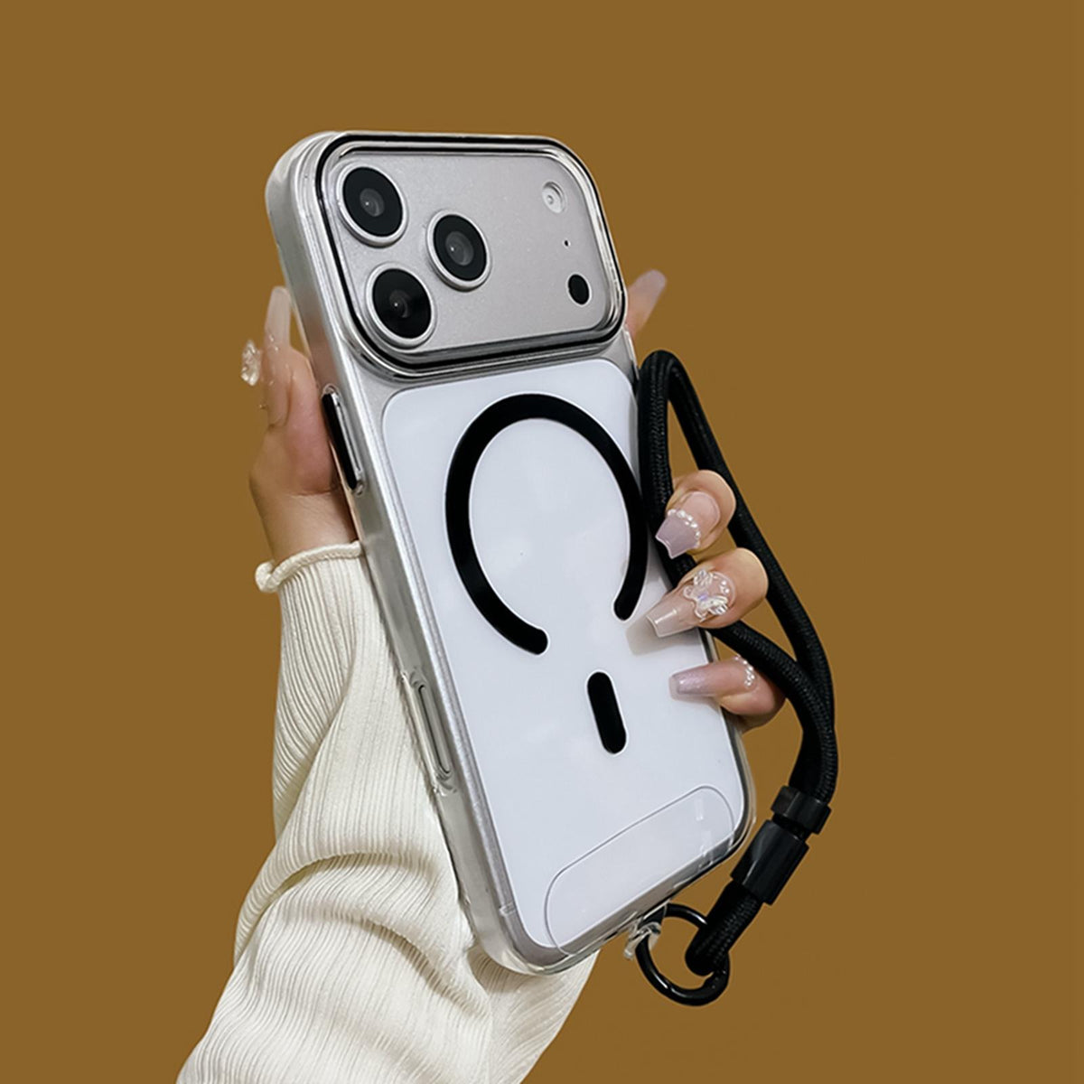 Compatible with iPhone 18 Pro Question Mark Clear PC Magnetic Phone Case with Lanyard - Obsidian Black