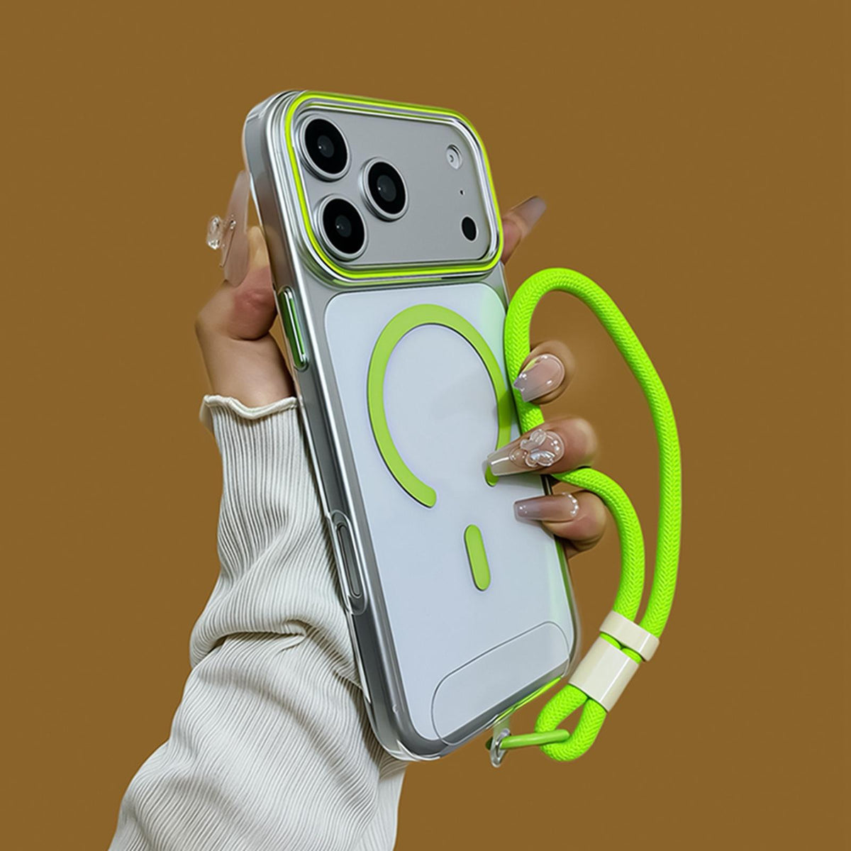 Compatible with iPhone 18 Pro Max Question Mark Clear PC Magnetic Phone Case with Lanyard - Fluorescent Green