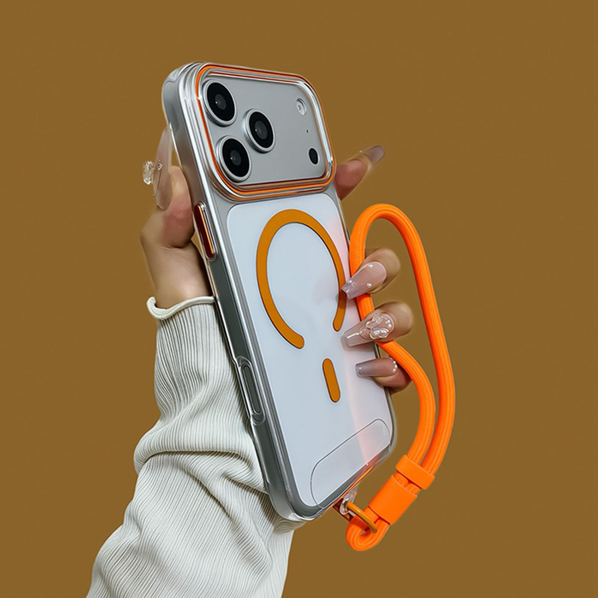 Compatible with iPhone 18 Pro Max Question Mark Clear PC Magnetic Phone Case with Lanyard - Cosmic Orange