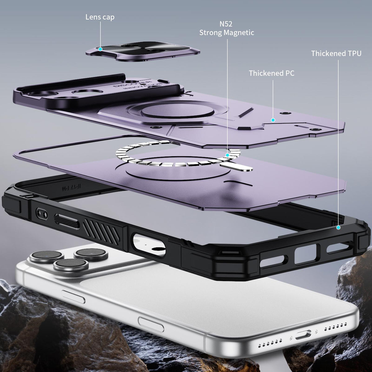 Compatible with iPhone 18 Pro Mecha Magnetic Sliding Camshield Phone Case - Purple