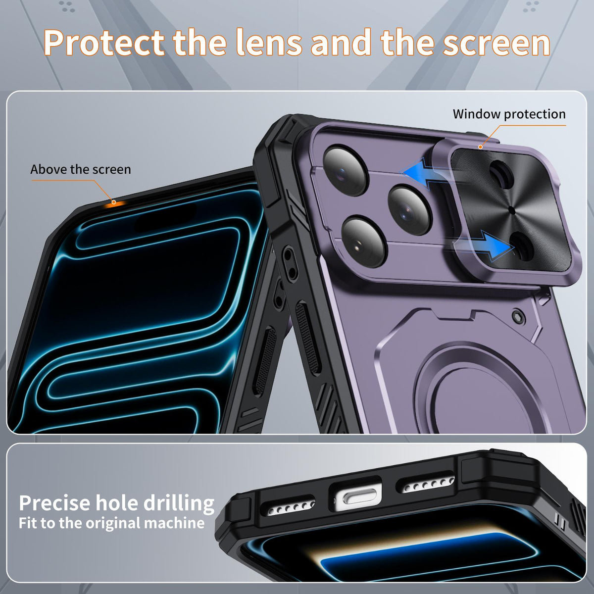 Compatible with iPhone 18 Pro Mecha Magnetic Sliding Camshield Phone Case - Purple