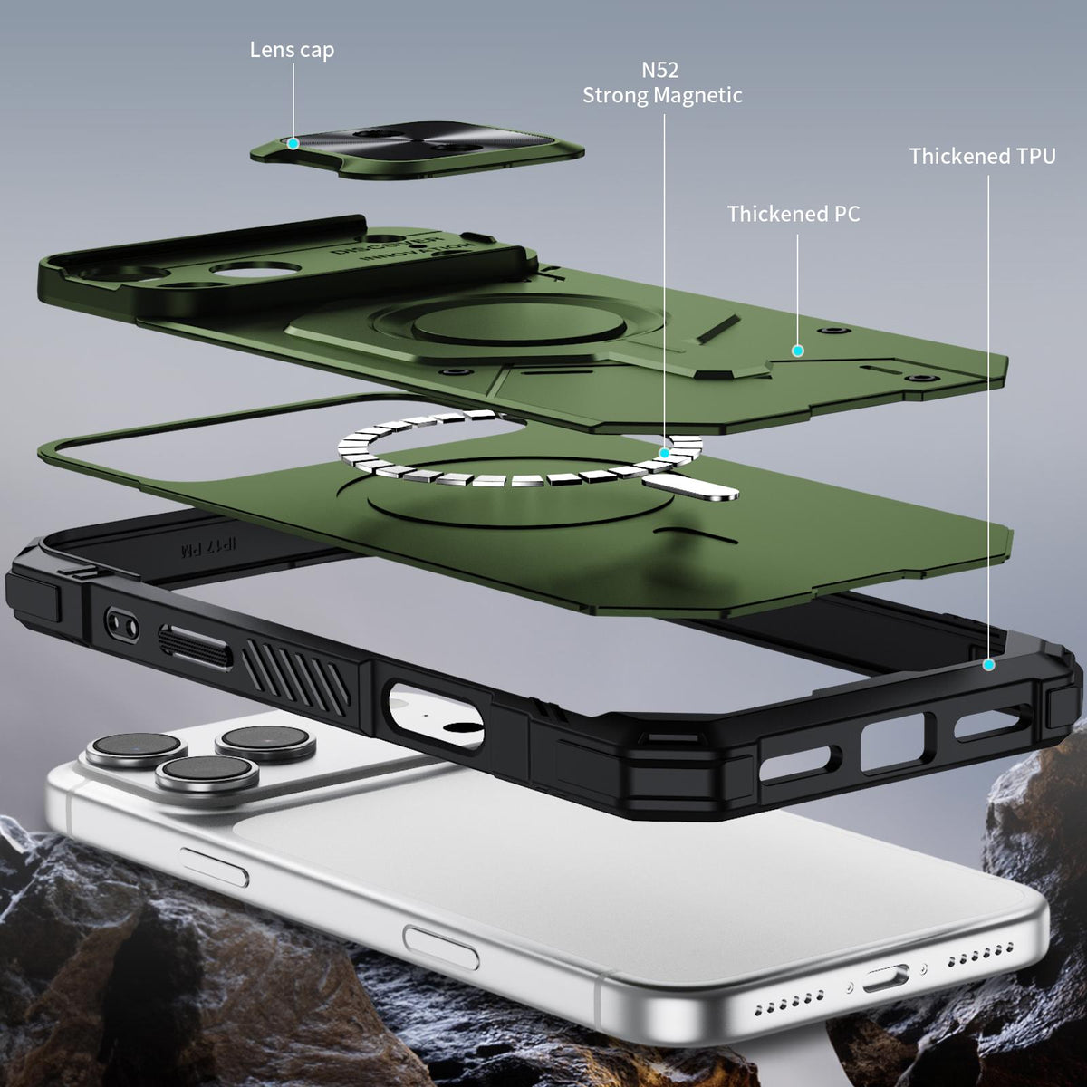 Compatible with iPhone 18 Pro Max Mecha Magnetic Sliding Camshield Phone Case - Army Green