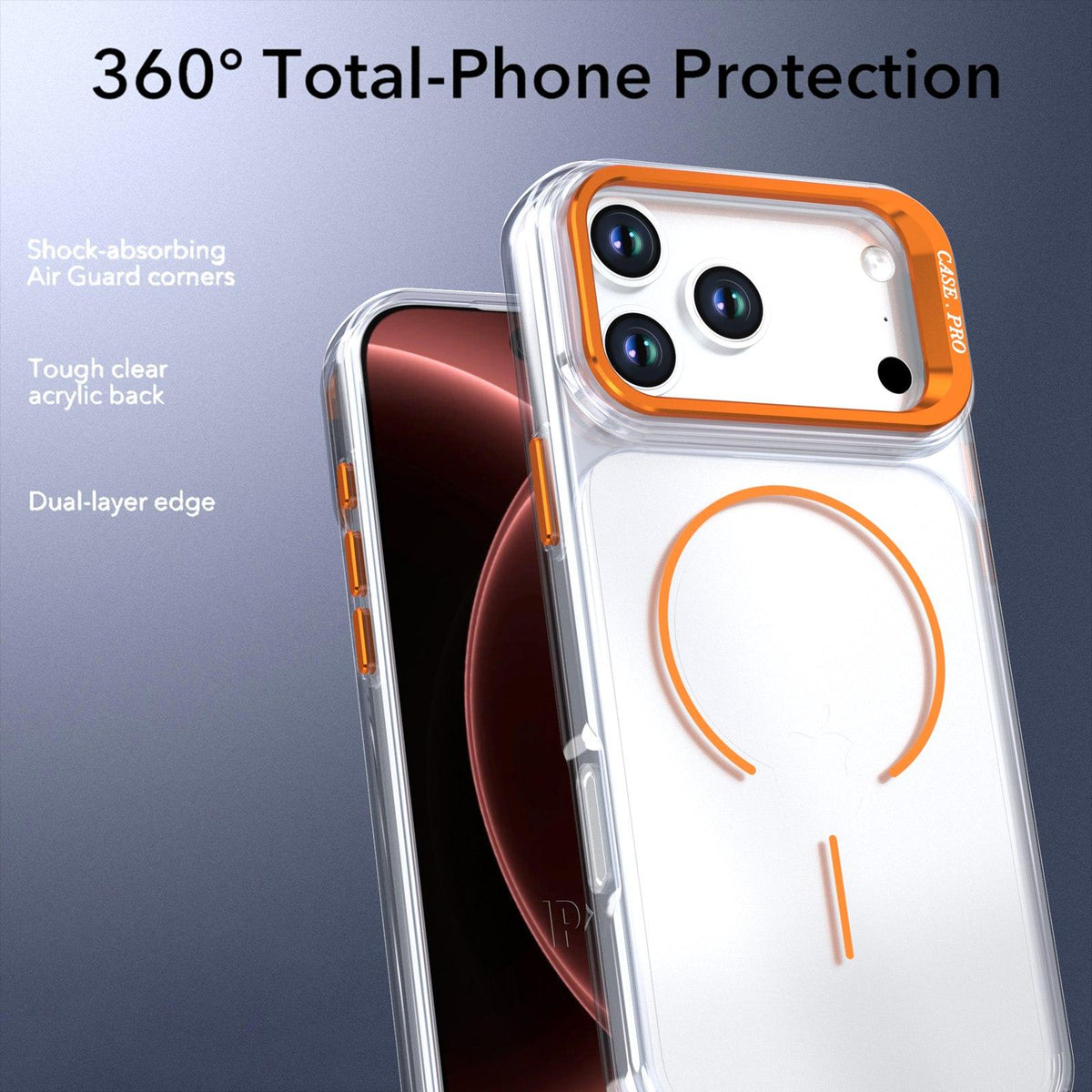 Compatible with iPhone 18 Pro Max Bright Color Clear MagSafe Lens Frame Holder Phone Case - Orange