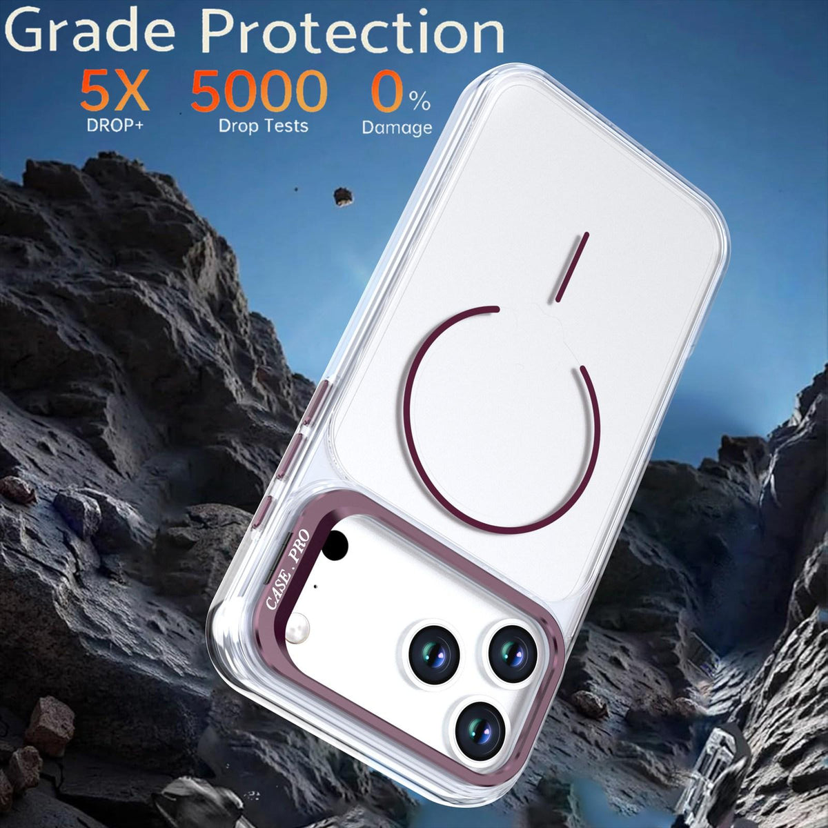 Compatible with iPhone 18 Pro Max Bright Color Clear MagSafe Lens Frame Holder Phone Case - Wine Red