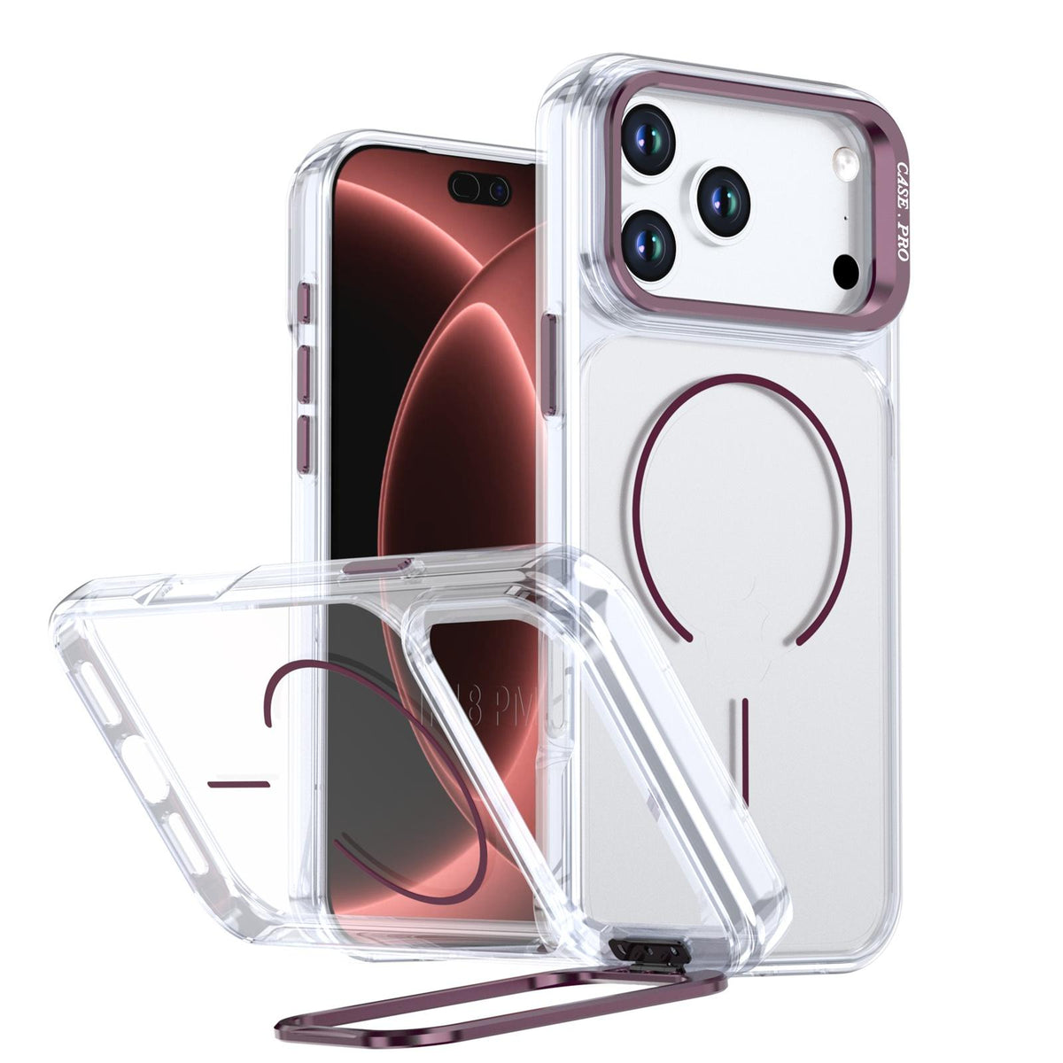Compatible with iPhone 18 Pro Bright Color Clear MagSafe Lens Frame Holder Phone Case - Wine Red