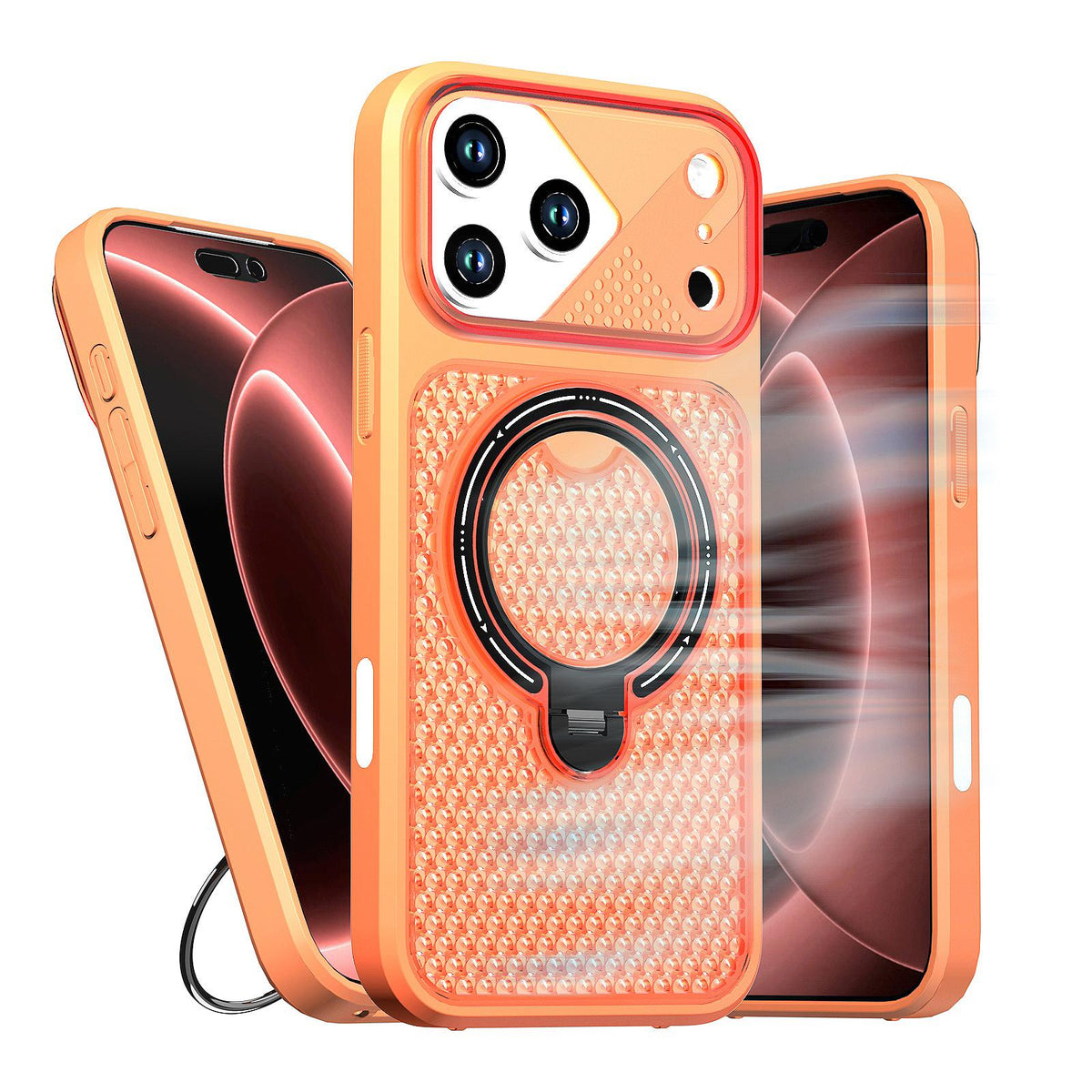 Compatible with iPhone 18 Pro Max Colored Cooling 360 Degree Rotation Ring Holder Magnetic Phone Case - Orange