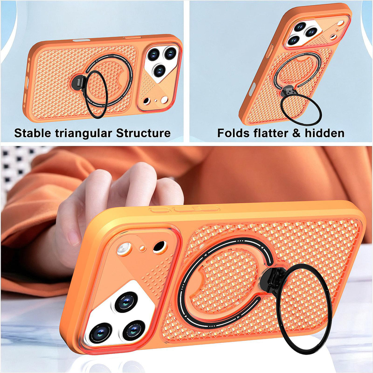 Compatible with iPhone 18 Pro Max Colored Cooling 360 Degree Rotation Ring Holder Magnetic Phone Case - Orange