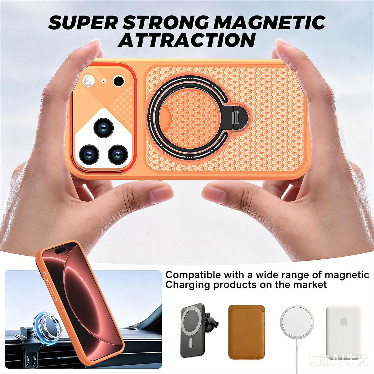 Compatible with iPhone 18 Pro Max Colored Cooling 360 Degree Rotation Ring Holder Magnetic Phone Case - Orange