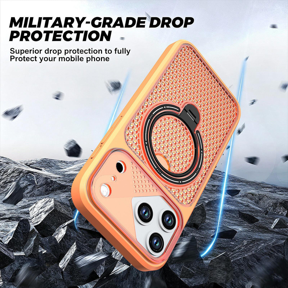 Compatible with iPhone 18 Pro Max Colored Cooling 360 Degree Rotation Ring Holder Magnetic Phone Case - Orange