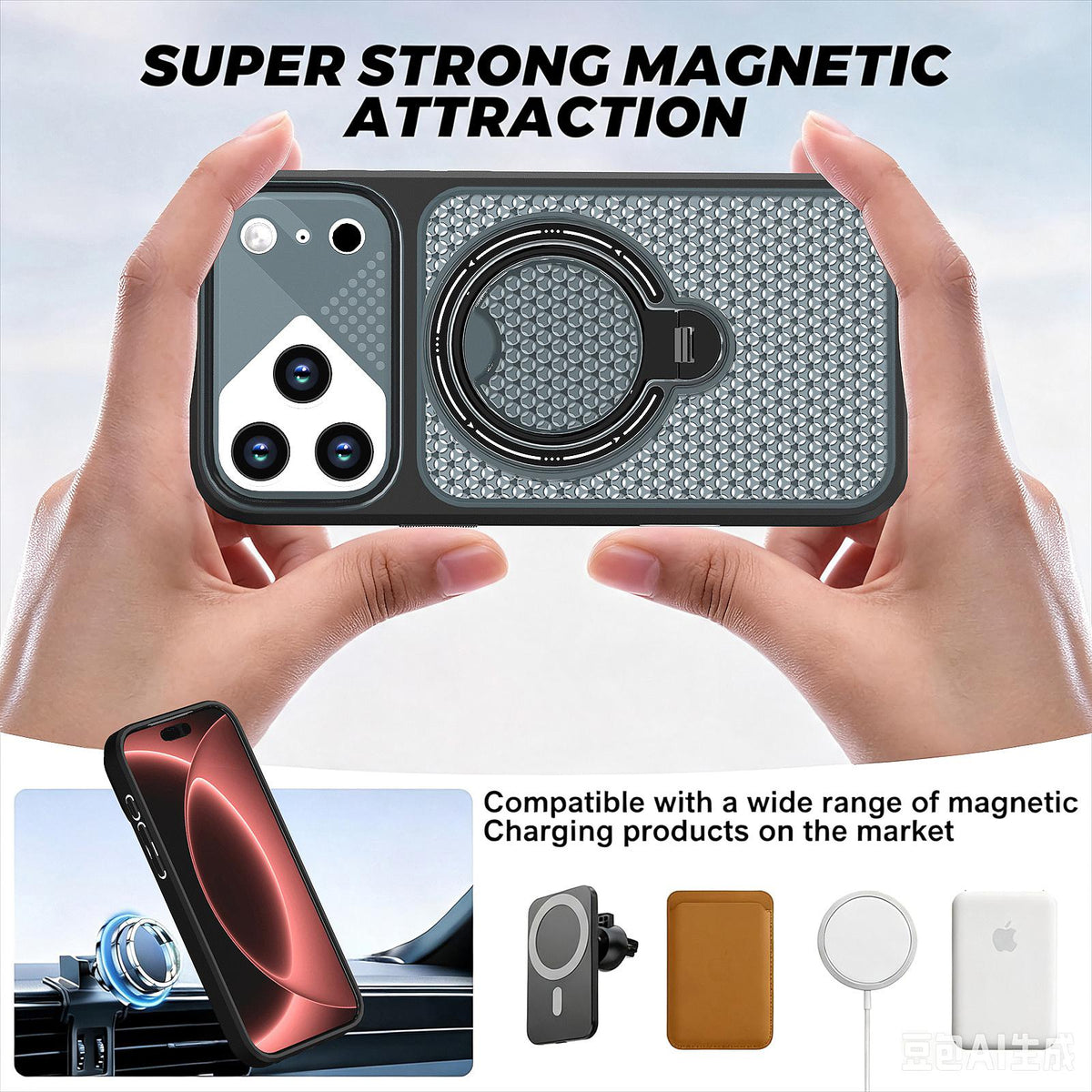 Compatible with iPhone 18 Pro Max Colored Cooling 360 Degree Rotation Ring Holder Magnetic Phone Case - Black