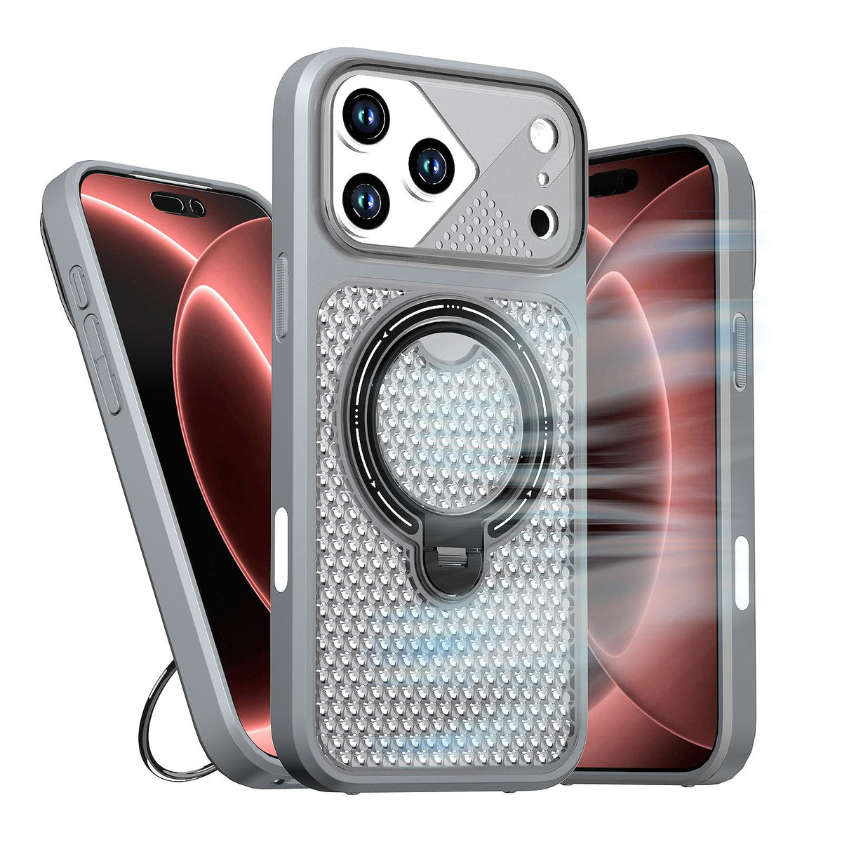Compatible with iPhone 18 Pro Max Colored Cooling 360 Degree Rotation Ring Holder Magnetic Phone Case - Grey