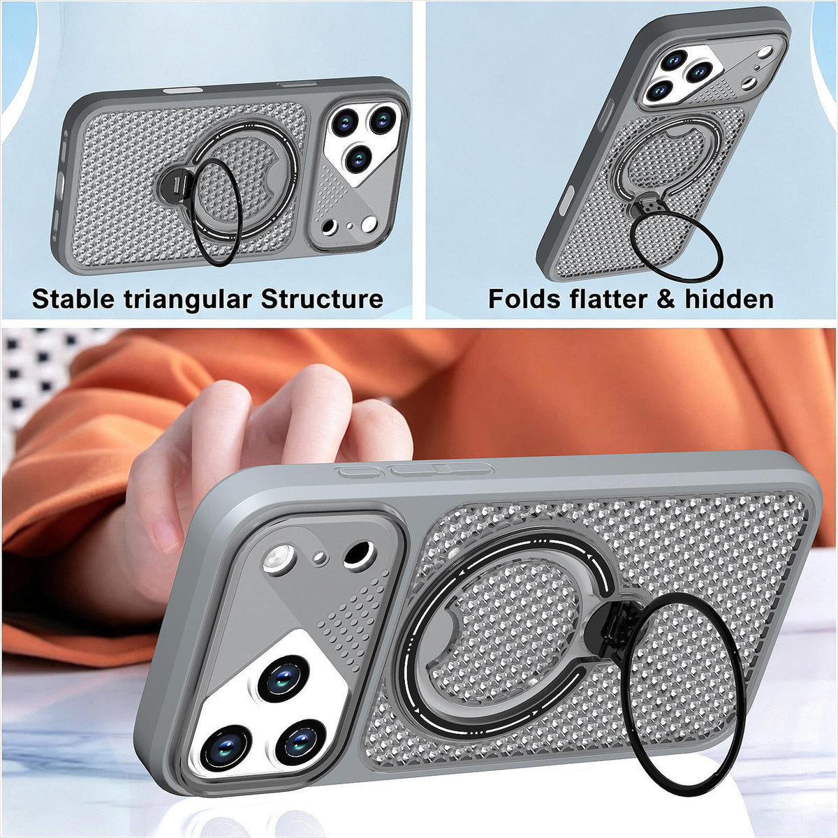 Compatible with iPhone 18 Pro Max Colored Cooling 360 Degree Rotation Ring Holder Magnetic Phone Case - Grey